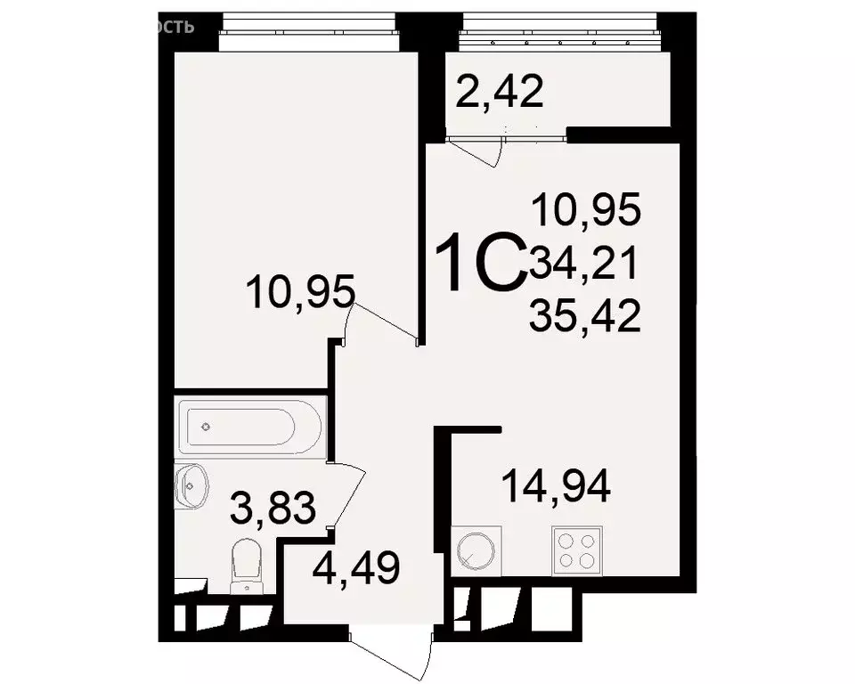 1-комнатная квартира: Рязань, улица Чкалова, 23к1 (35.42 м) - Фото 0