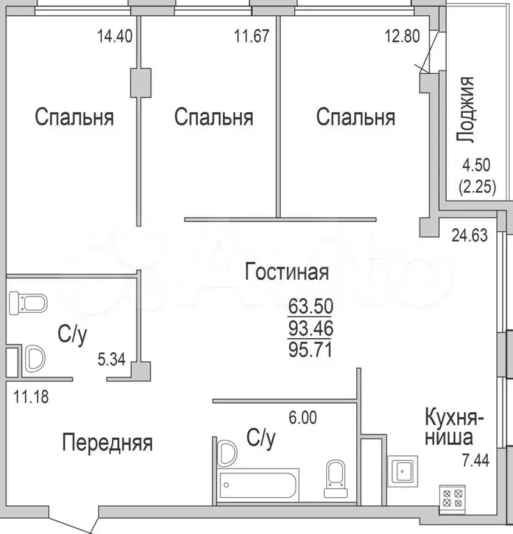 4-к. квартира, 95,7 м, 2/16 эт. - Фото 0