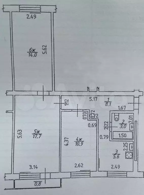 3-к. квартира, 59,3 м, 5/5 эт. - Фото 0