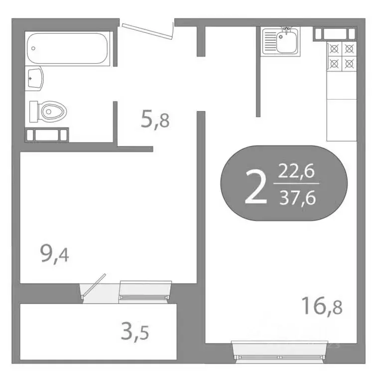 2-к кв. Томская область, Томск ул. Пришвина, 43 (37.61 м) - Фото 1