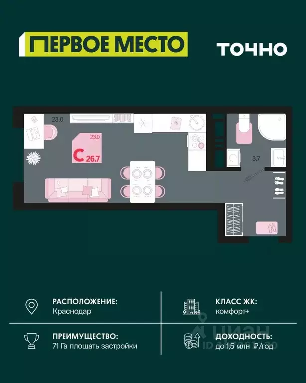 Студия Краснодарский край, Краснодар Первое Место жилой комплекс (26.7 ... - Фото 0