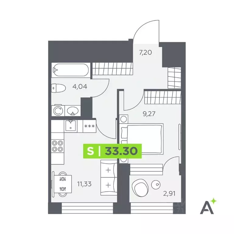Квартира, 1 комната, 33.29 м - Фото 1