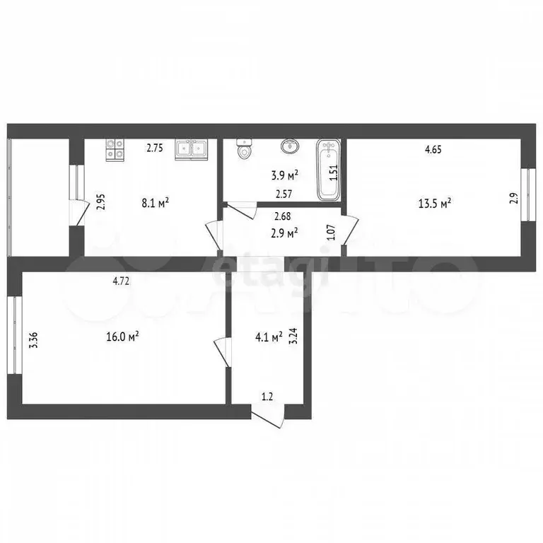 2-к. квартира, 48,5 м, 5/5 эт. - Фото 0