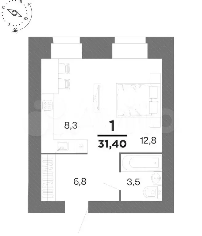 Квартира-студия, 31,4 м, 11/16 эт. - Фото 1