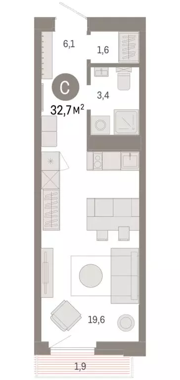Квартира-студия: Тюмень, жилой комплекс Зарека (32.72 м) - Фото 1