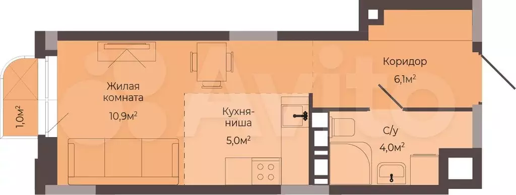 Квартира-студия, 26,3 м, 4/8 эт. - Фото 0