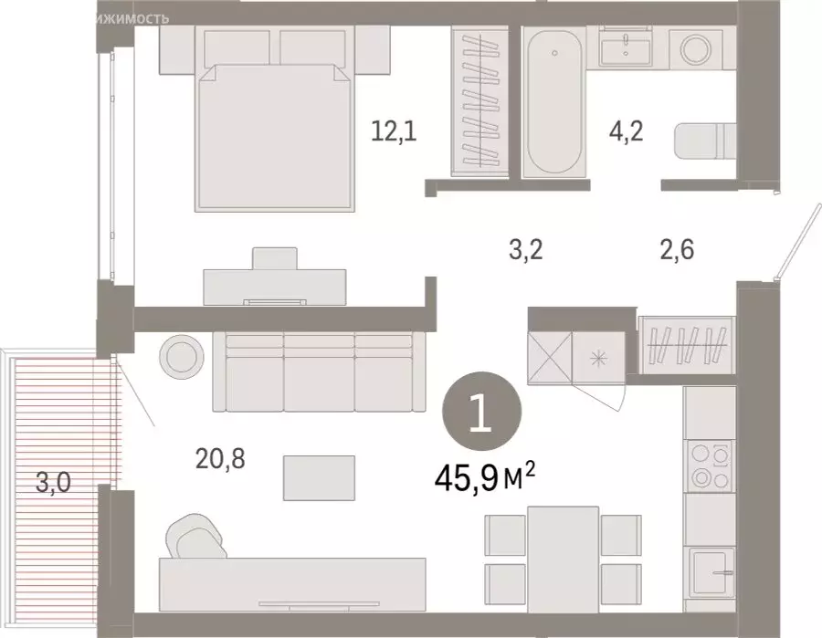 1-комнатная квартира: Тюмень, Ленинский округ (45.87 м) - Фото 1