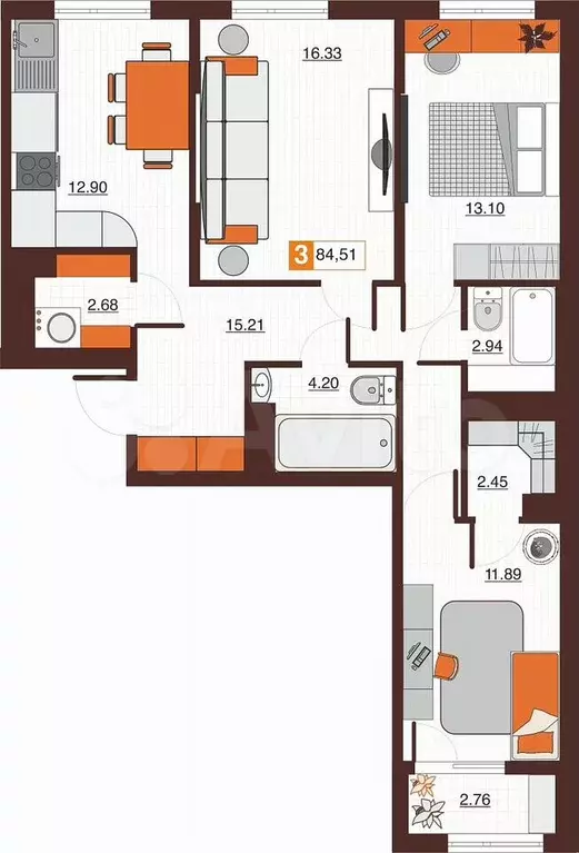 3-к. квартира, 85 м, 8/17 эт. - Фото 0