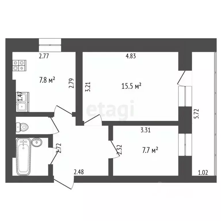 2-к кв. Кемеровская область, Новокузнецк Ярославская ул., 48А (40.8 м) - Фото 2