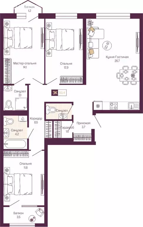 3-комнатная квартира: Нижний Новгород, Нижегородский район (90.9 м) - Фото 0