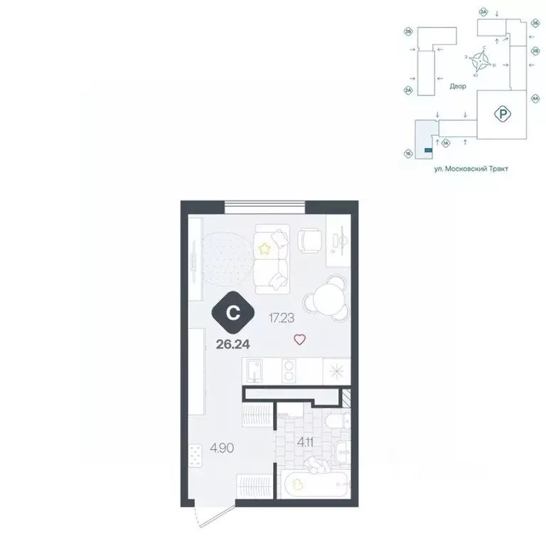 Студия Тюменская область, Тюмень Сибирский жилой комплекс (26.24 м) - Фото 1