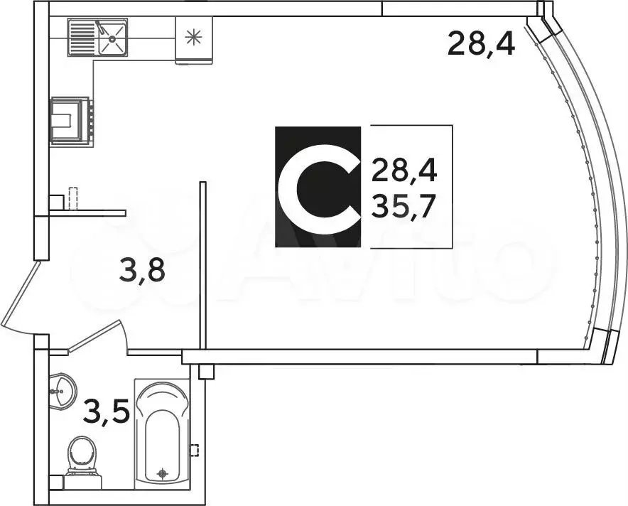 Квартира-студия, 35,7 м, 2/16 эт. - Фото 1