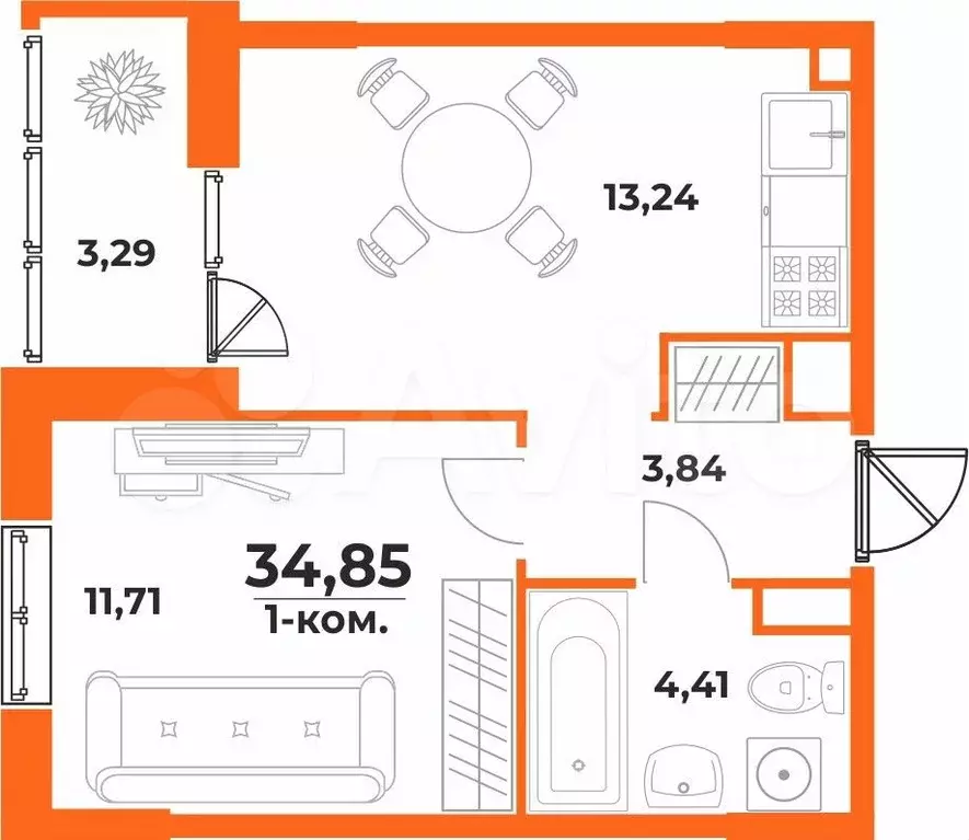 1-к. квартира, 34,9м, 1/10эт. - Фото 0