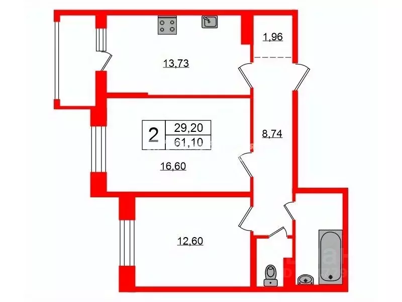 2-к кв. Ленинградская область, Кингисепп Крикковское ш., 34 (61.1 м) - Фото 2
