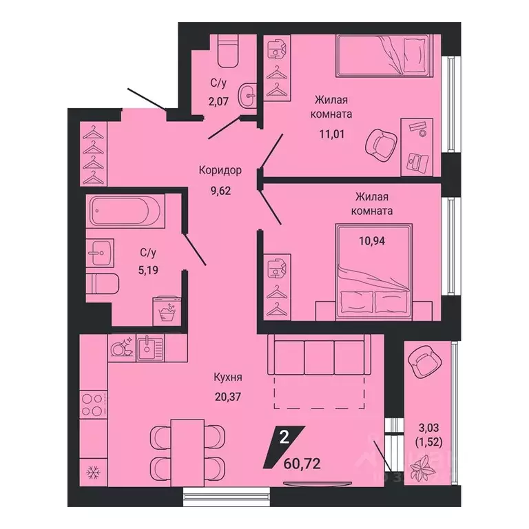 2-к кв. Свердловская область, Екатеринбург пер. Ученический, 4 (60.72 ... - Фото 0