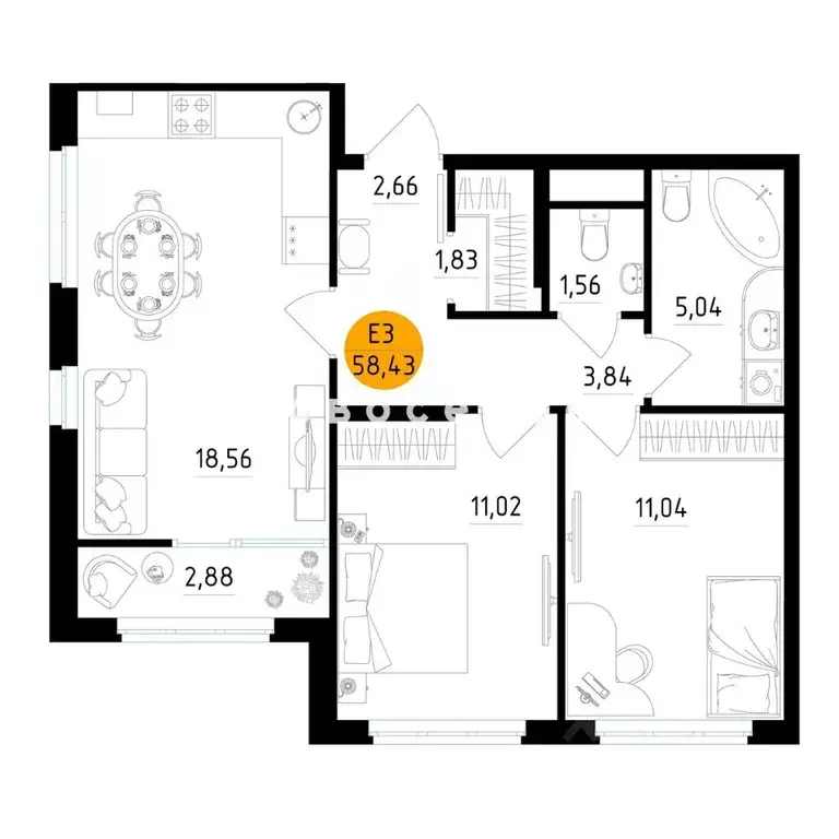 2-к кв. Рязанская область, Рязань Московское ш., 4 (58.43 м) - Фото 1