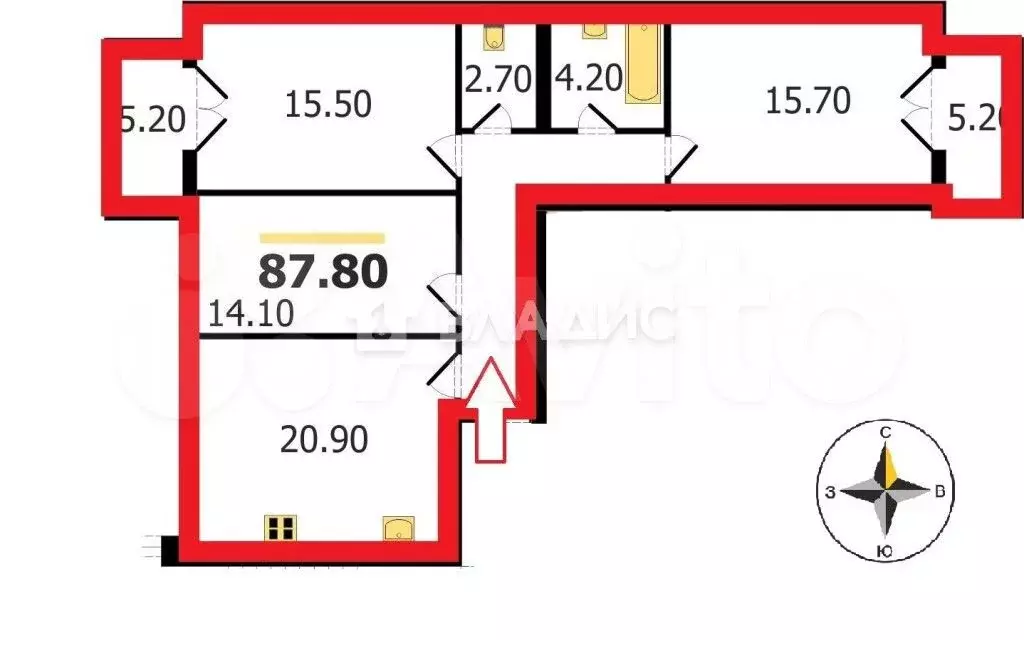 3-к. квартира, 90 м, 6/8 эт. - Фото 0