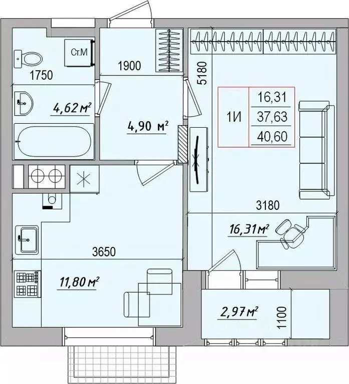 1-к кв. Белгородская область, Белгород ул. Игоря Чернухина, 1 (40.7 м) - Фото 1