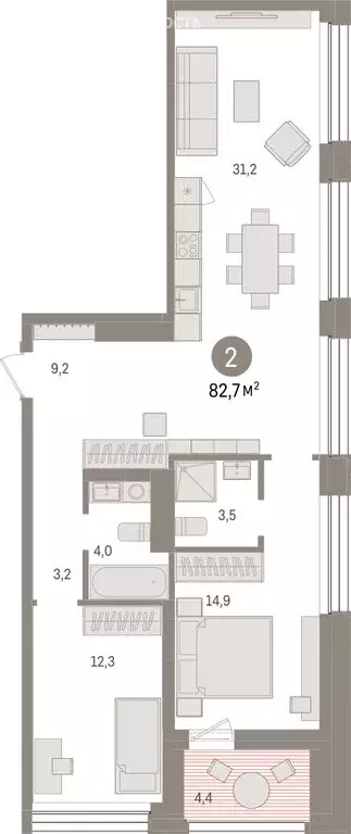 2-комнатная квартира: Тюмень, улица Муравленко, 9/2 (82.74 м) - Фото 1