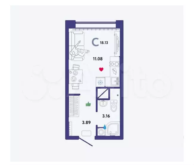 Квартира-студия, 18 м, 7/16 эт. - Фото 1