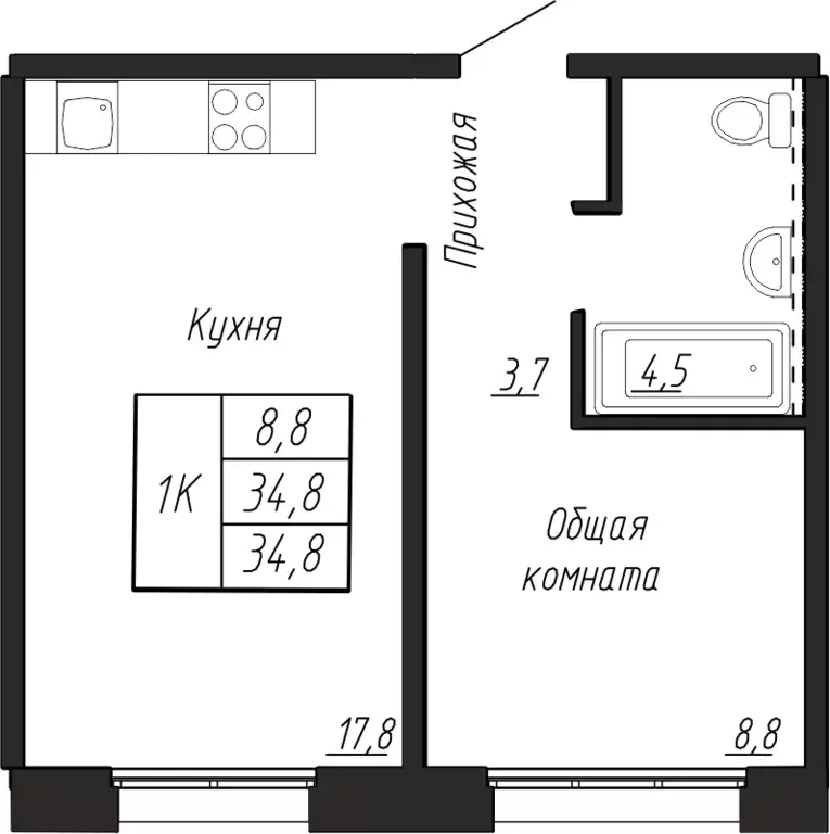 1-к квартира, 34.8 м - Фото 0