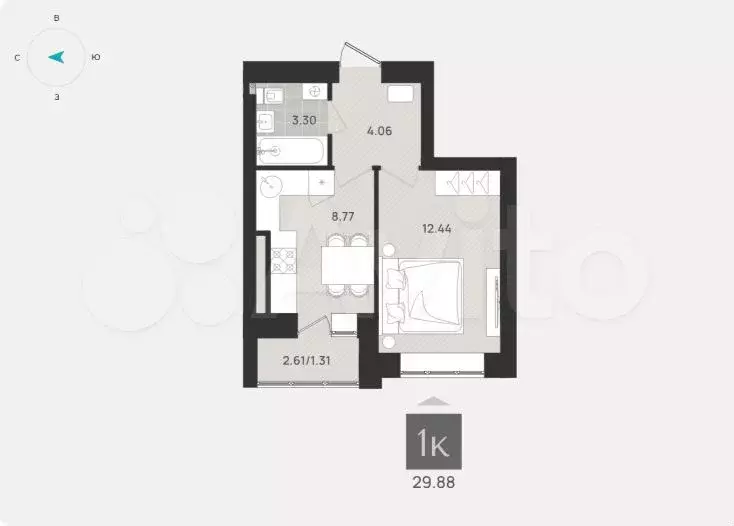 1-к. квартира, 29,9 м, 2/9 эт. - Фото 1