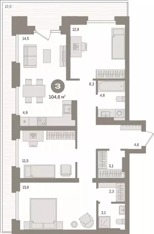 3-комнатная квартира: Тюмень, Причальная улица, 9 (104.6 м) - Фото 2