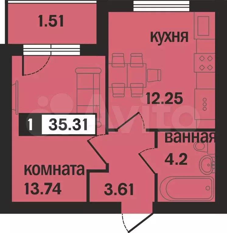 1-к. квартира, 35,3м, 4/4эт. - Фото 0