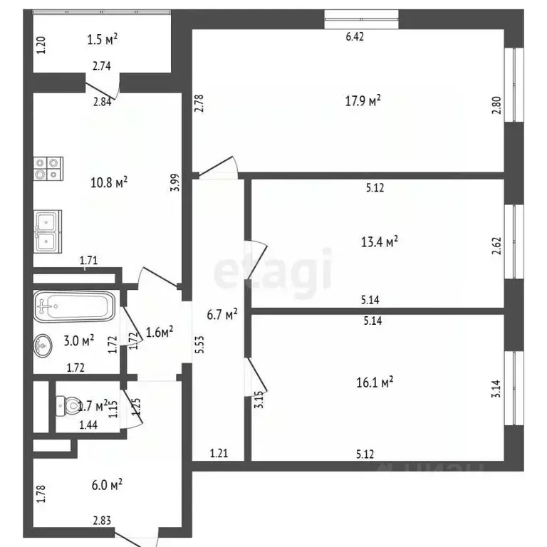 3-к кв. Татарстан, Альметьевск Алсу мкр, ул. Рината Галеева, 27 (80.0 ... - Фото 2