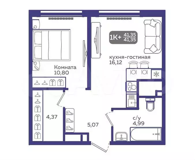 1-к. квартира, 41,4 м, 20/21 эт. - Фото 1