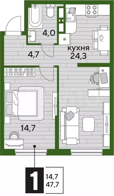 1-к. квартира, 47,7 м, 12/16 эт. - Фото 1