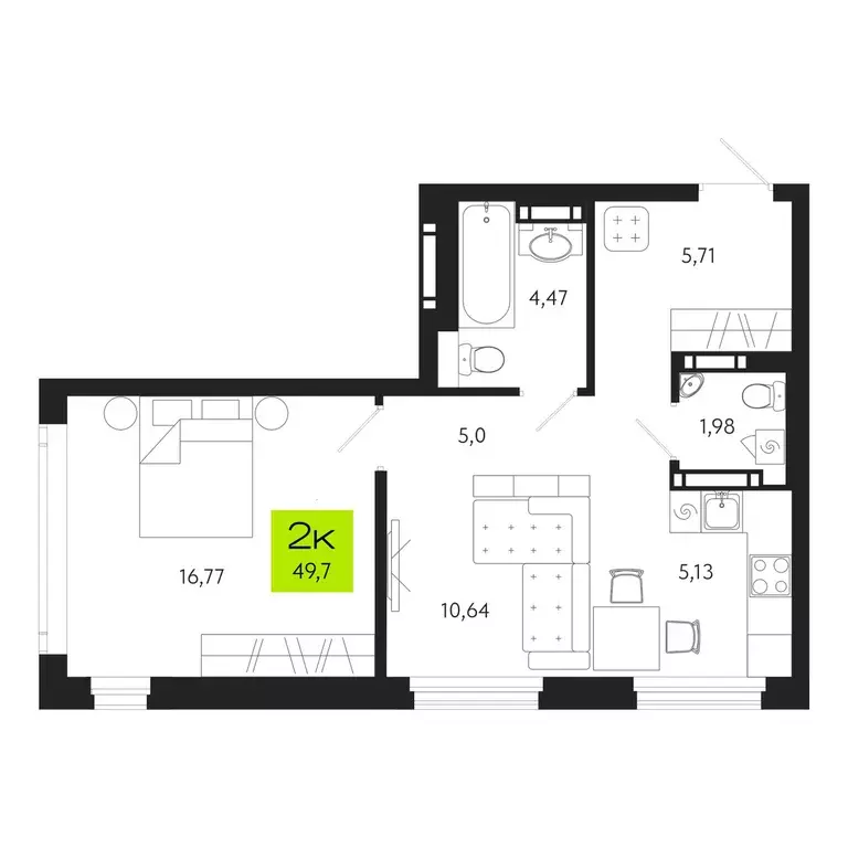 2-к квартира, 49.7 м - Фото 0