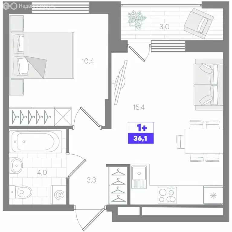 1-комнатная квартира: Тюмень, микрорайон ДОК (36.1 м) - Фото 0