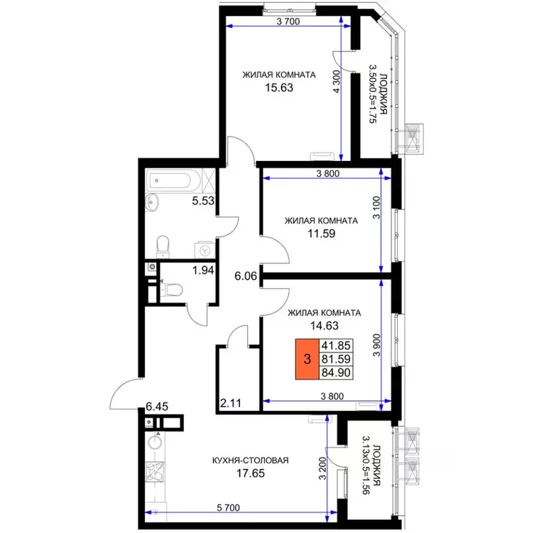 3-к кв. Краснодарский край, Краснодар Фонтаны жилой комплекс (84.9 м) - Фото 1