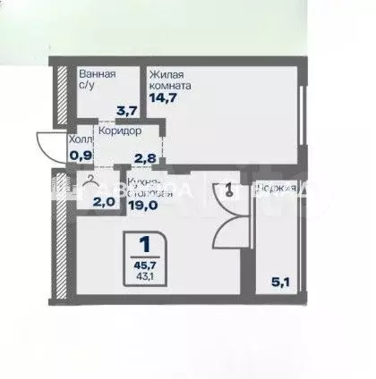 1-к. квартира, 43,1 м, 2/9 эт. - Фото 0