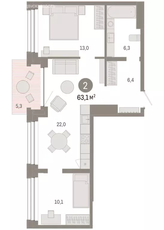 2-комнатная квартира: Тюмень, улица Муравленко, 9/2 (63.08 м) - Фото 2