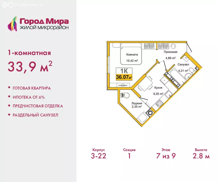 1-комнатная квартира: Симферополь, улица Батурина, 177к2 (33.9 м) - Фото 1