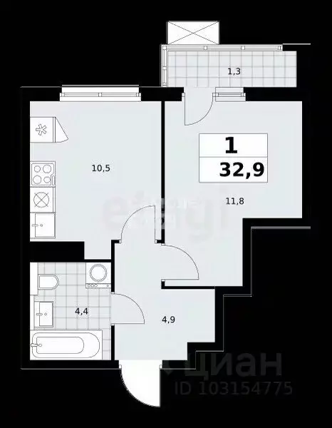 1-к кв. Москва Сосенское поселение, просп. Куприна, 11к1 (32.9 м) - Фото 2