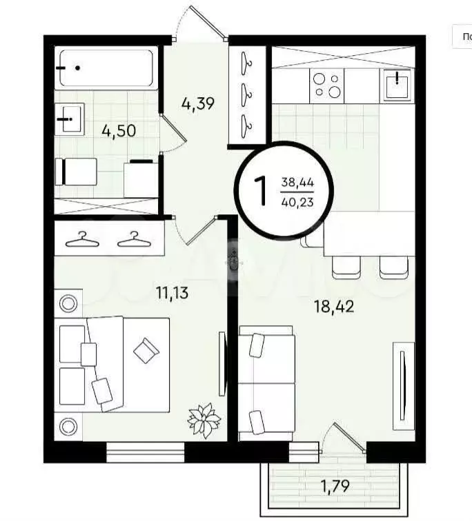 1-к. квартира, 40 м, 4/4 эт. - Фото 0