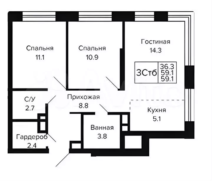 3-к. квартира, 59,1 м, 2/23 эт. - Фото 0