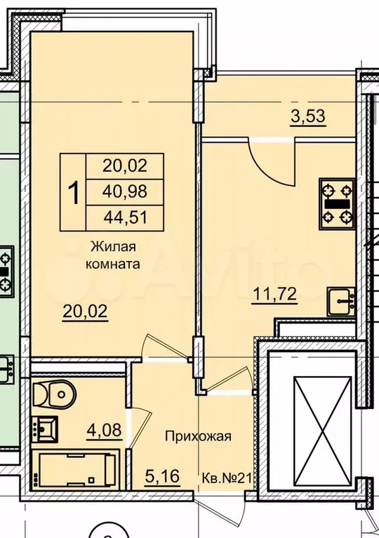 1-к. квартира, 44,5 м, 4/10 эт. - Фото 0