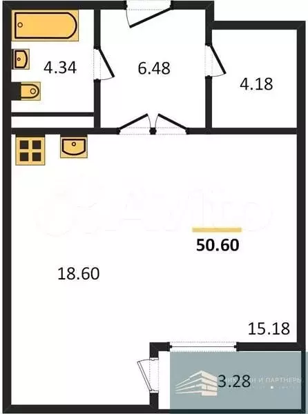 Квартира-студия, 49,6 м, 7/20 эт. - Фото 0