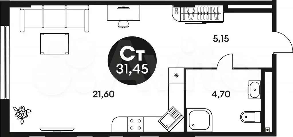 Апартаменты-студия, 31,6 м, 6/15 эт. - Фото 1