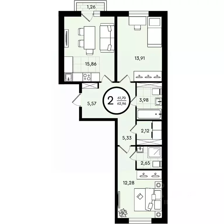 2-к кв. Тюменская область, Тюмень ул. Александра Звягина, 2 (62.96 м) - Фото 1