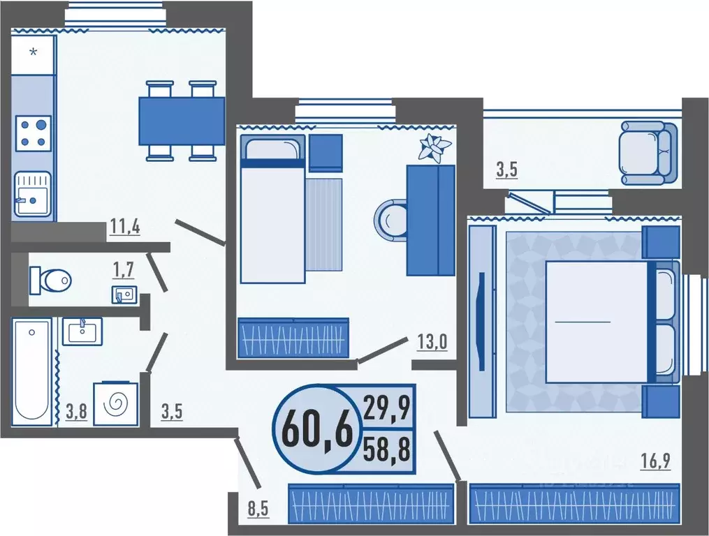 2-к кв. Орловская область, Орел Раздольная ул., 11А (60.7 м) - Фото 1