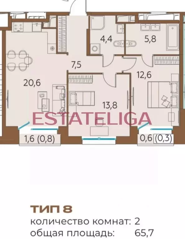 2-к кв. Москва Жилой комплекс остров, 6-й кв-л, к6 (66.0 м) - Фото 2