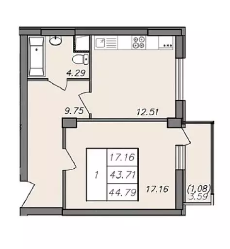 Продаётся 1-к квартира, 44.79 м - Фото 1