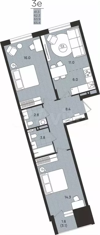 3-к. квартира, 63,9 м, 8/8 эт. - Фото 0