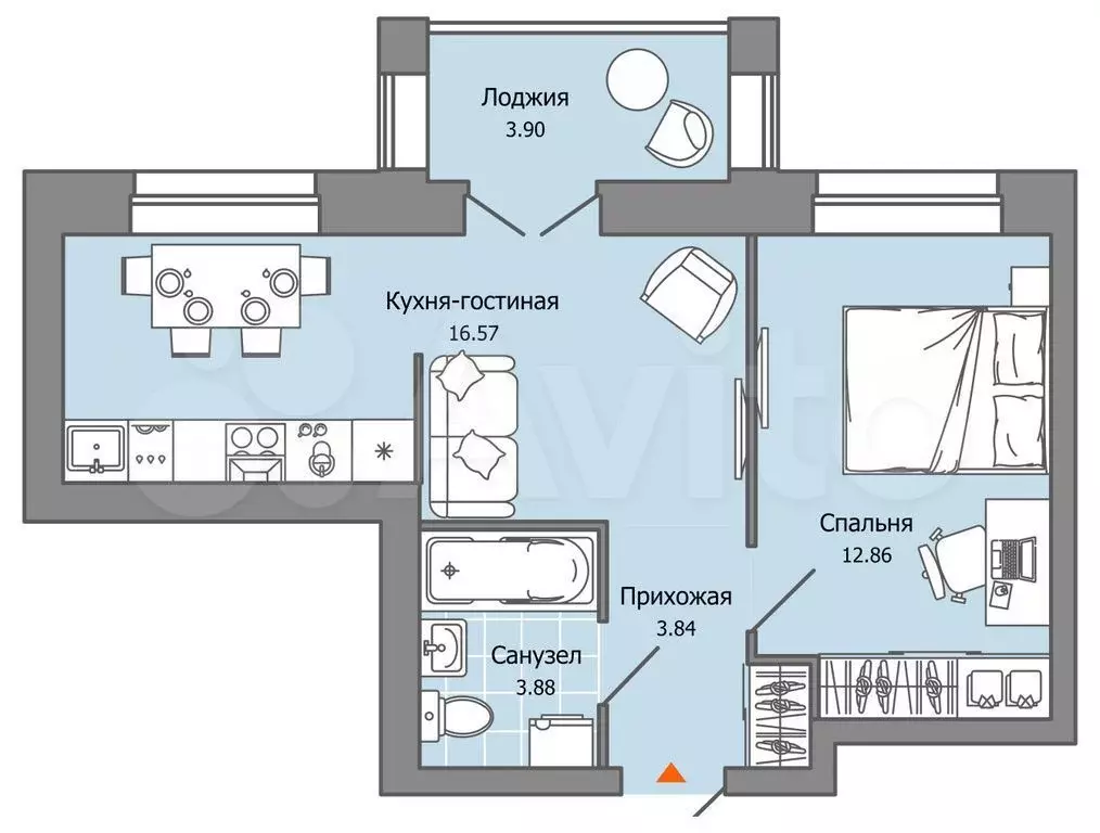 1-к. квартира, 39 м, 2/8 эт. - Фото 0