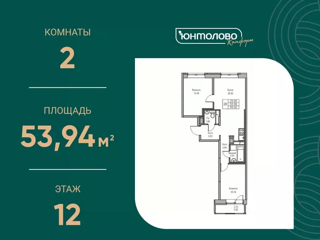 2-к кв. Санкт-Петербург ЮНТОЛОВО жилой комплекс (55.52 м) - Фото 0